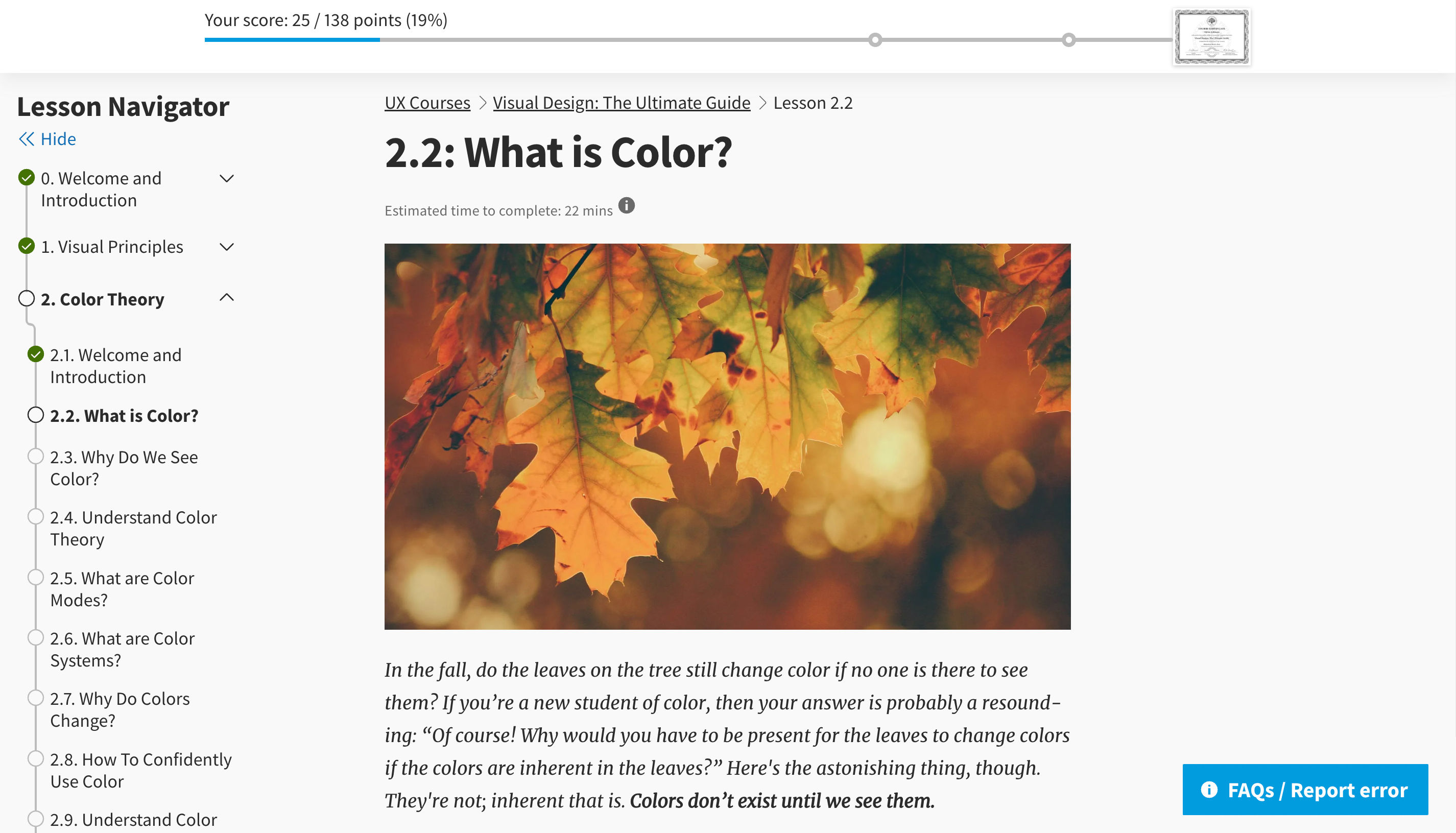An IxDF lesson page. At the top of the page is a progress bar with a blue line indicating progress. On the left is the lesson navigator showing the list of lessons. In the center of the page is the lesson content, a combination of images and black text on a light gray background. On the bottom right of the page is a blue button that says 